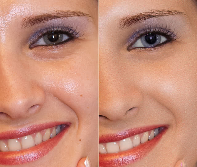 With one click, skin was cleaned up, shine removed, teeth whitened and just for fun I recolored the eyes too